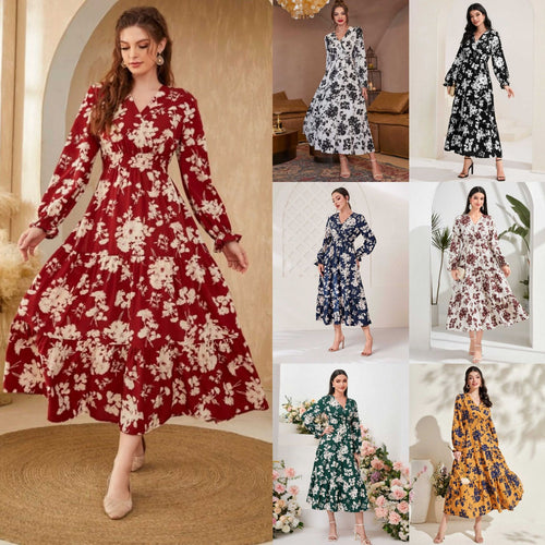 Damen Elegantes Maxikleid mit floralen Details und V-Ausschnitt EB