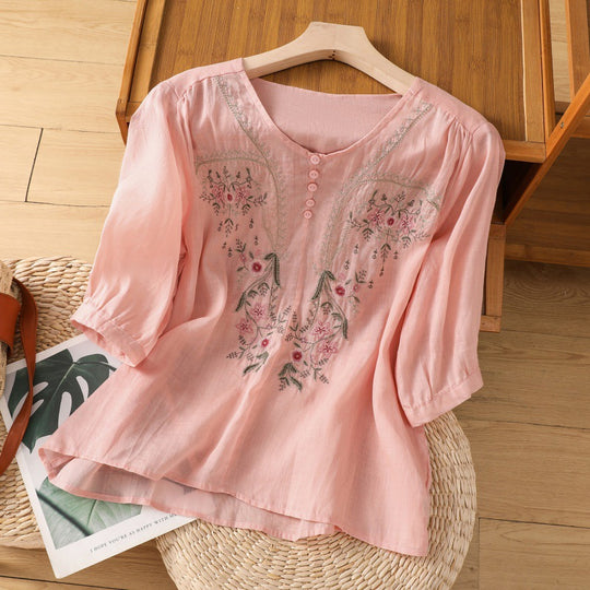 Damen Blusenshirt mit floralem Stickdesign und knöpfbarem Ausschnitt EB