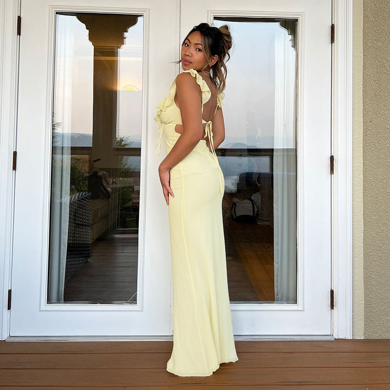 Damen figurbetontes Maxikleid mit Rüschendetails und V-Ausschnitt EB
