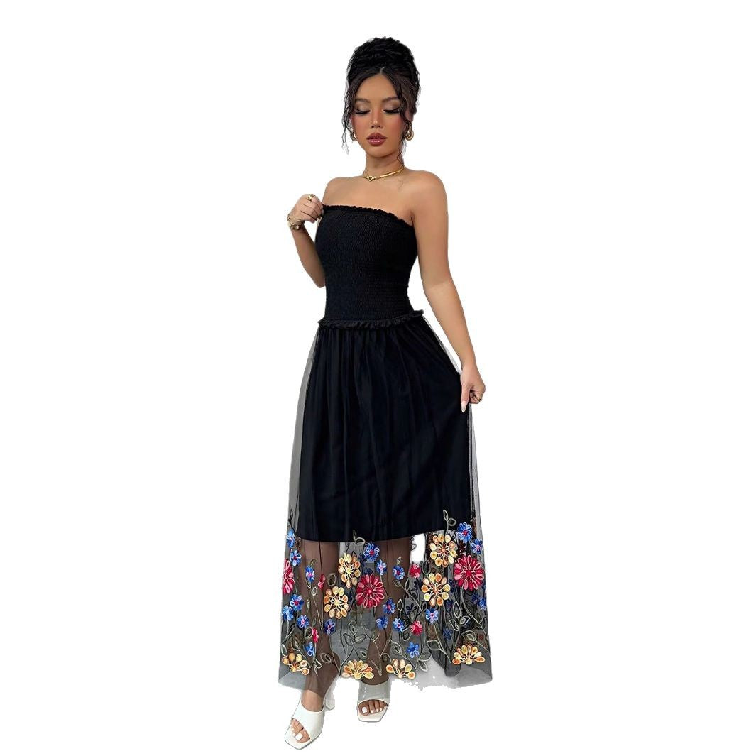 Damen nan schulterfreies Midikleid mit Smok-Oberteil und besticktem Tüllrock EB