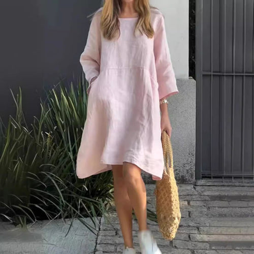 Damen lässiges Leinenkleid mit praktischen Taschen und asymmetrischem Saum EB