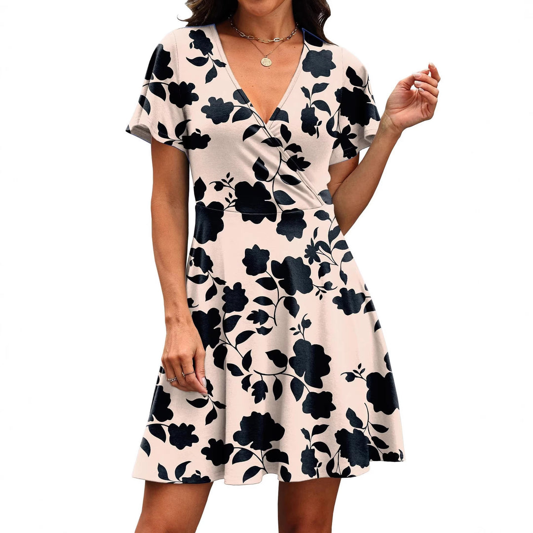 Damen Kurzärmeliges Wickelkleid mit floralen Mustern und V-Ausschnitt EB