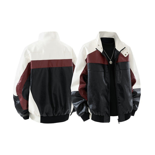 Herren Lederimitat-Bomberjacke im Colorblock-Stil mit Stehkragen, Zwei-Wege-Reißverschluss und elastischen Bündchen EB