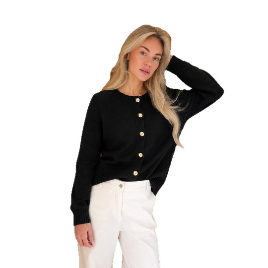 Damen kastiger Feinstrick-Cardigan mit goldfarbenen Zierknöpfen und gerippten Bündchen Eichborn Berlin