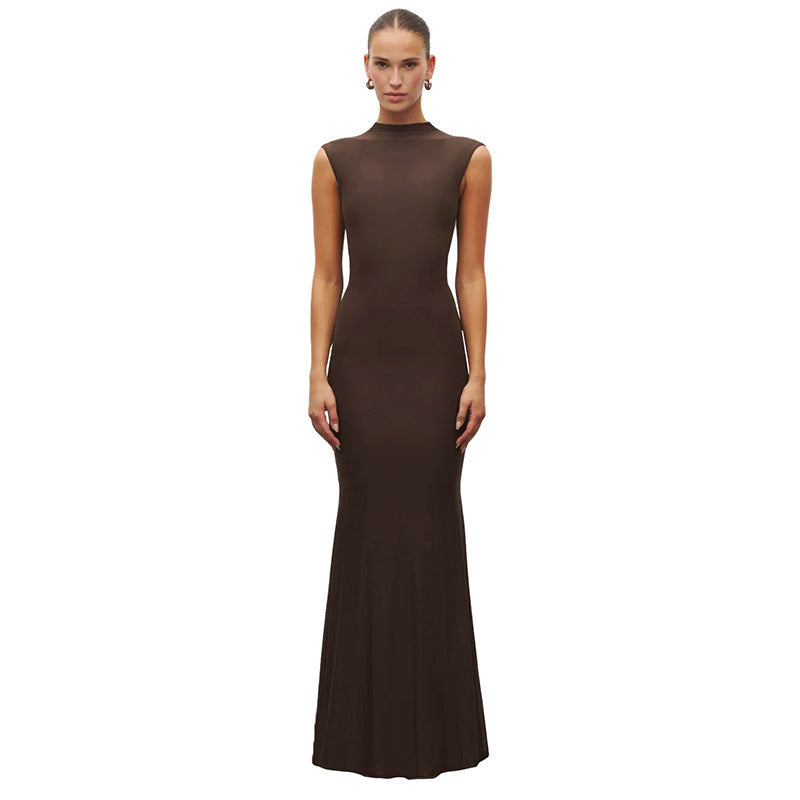 Damen Elegantes Schmalgeschossenes Maxikleid mit hohem Kragen EB