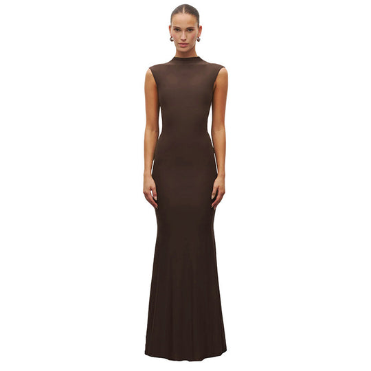 Damen Elegantes Schmalgeschossenes Maxikleid mit hohem Kragen EB