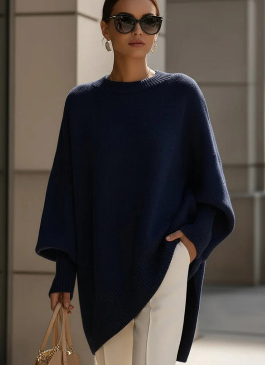 Damen nan Oversize Strickponcho mit asymmetrischem Saum und gerippten Ärmeln EB