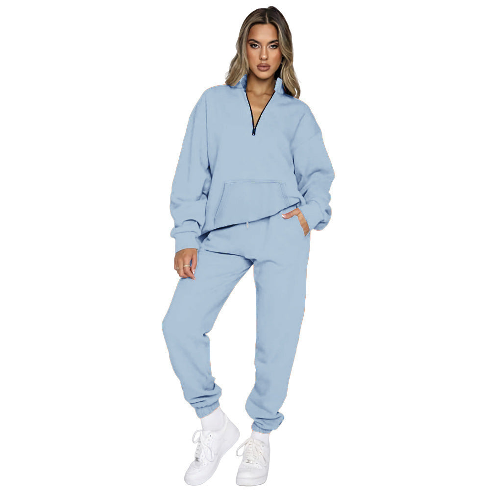 Damen nan French‑Terry Relax‑Loungewear‑Set mit halbem Reißverschluss, Kängurutasche und taillierter, schmal zulaufender Jogginghose EB