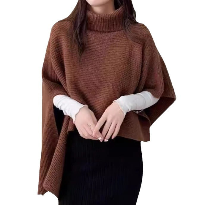 Damen Strickponcho mit hohem Kragen und asymmetrischem Schnitt EB