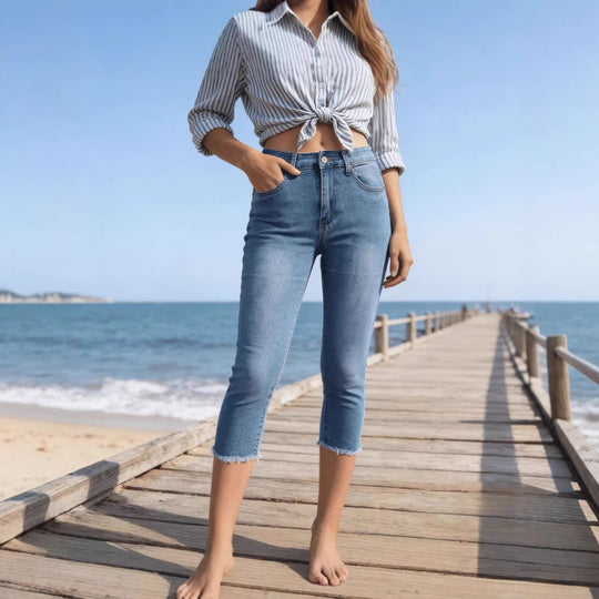 Damen nan schmale knöchellange Jeans mit rohem Fransenabschluss und mittelhoher Taille EB