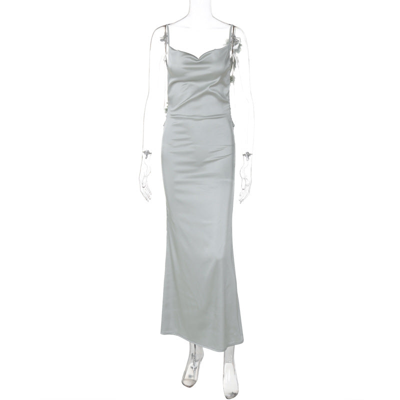 Damen Satin Maxikleid mit zarten Trägern und eleganter Drapierung EB