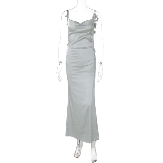 Damen Satin Maxikleid mit zarten Trägern und eleganter Drapierung EB