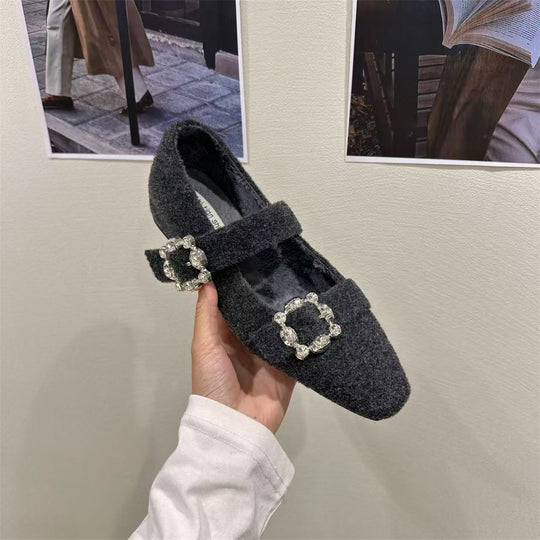 Damen elegante Filz-Mary Jane Schuhe mit schimmernden Schnallen EB