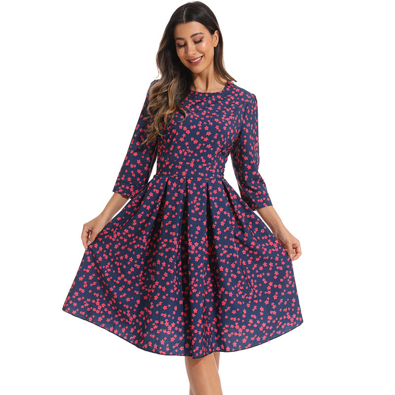 Damen elegantes Midikleid mit floralem Muster und schwingendem Rock EB