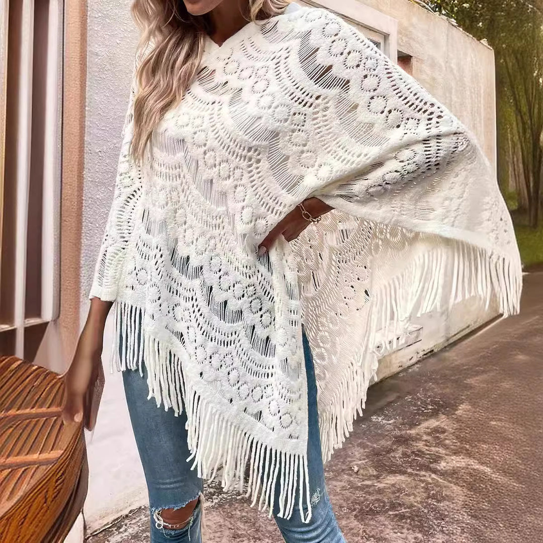 Damen eleganter Poncho mit dekorativem Häkelmuster EB