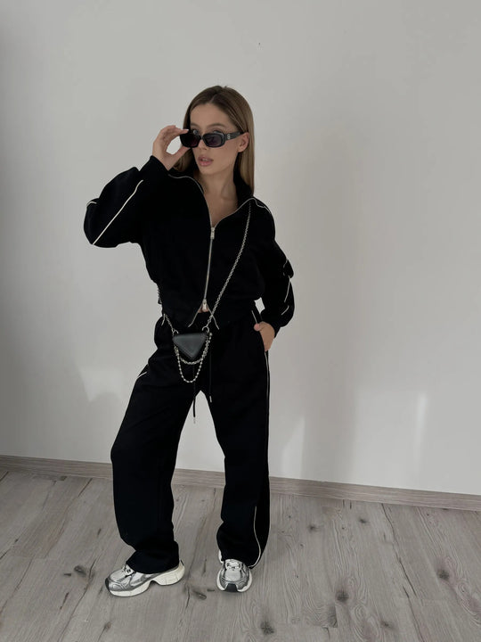 Damen Weiches Baumwoll-Mix Jogging-Set mit Stehkragen, Tunnelzugtaillen und seitlichen Kontraststreifen EB