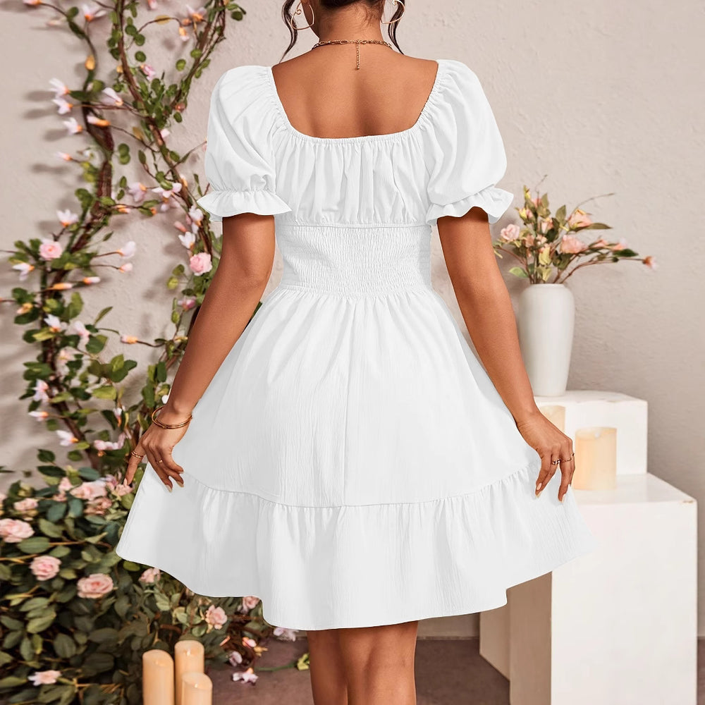 Damen Puffärmel Kleid mit elastischem Tailleneinsatz und Rüschensaum EB