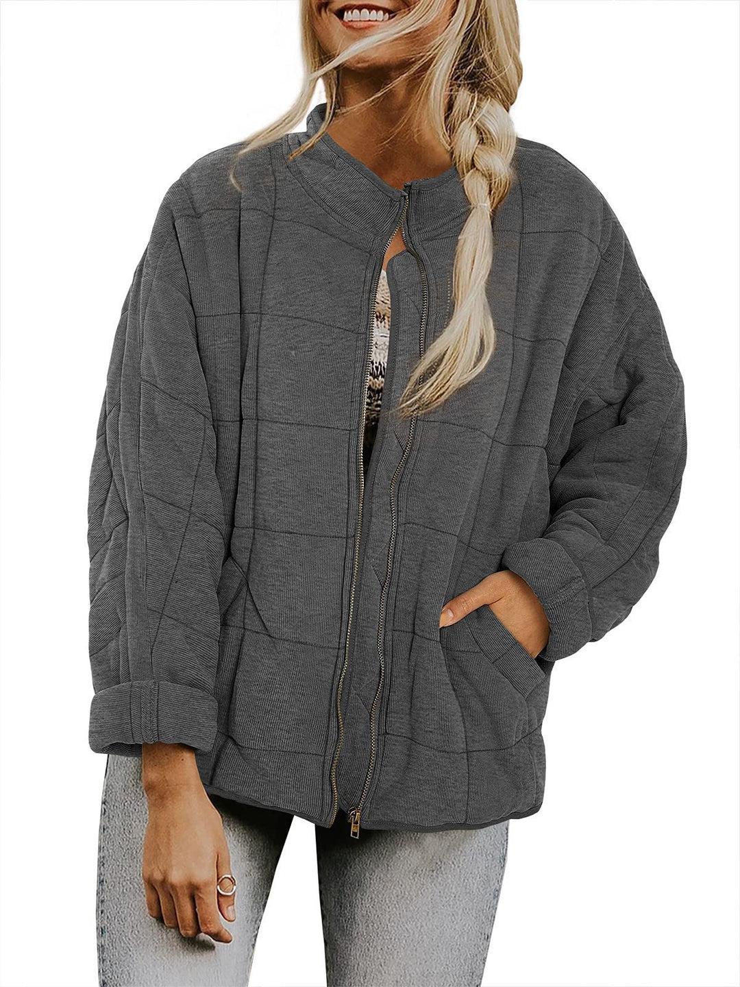 Damen gesteppte Kapuzenjacke mit Reißverschluss und Taschen EB