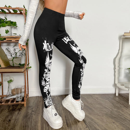 Damen Leggings mit auffälligem Totenkopf- und floralem Design EB