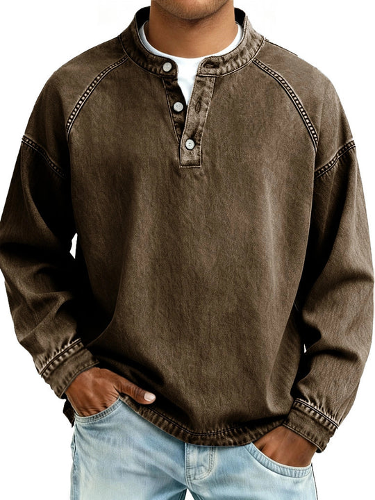 Herren nan verwaschenes Henley-Shirt mit Stehkragen, lockerer Passform und Knopfleiste EB