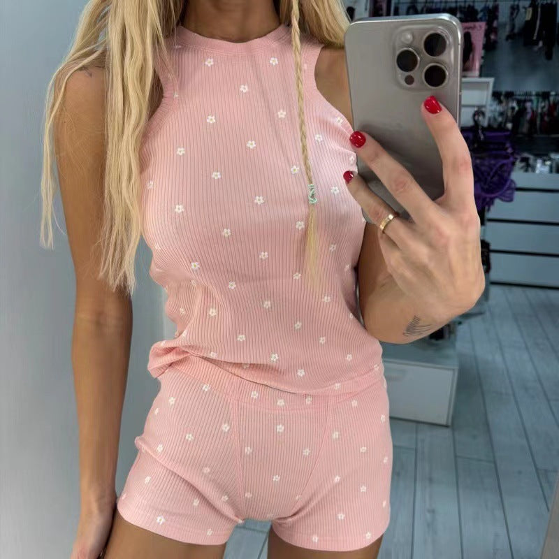 Damen lässiges Tank-Top und Shorts Set mit spielerischem Muster EB