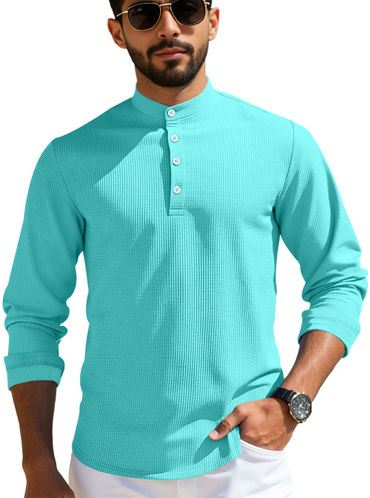 Herren nan strukturiertes Langarm-Henley mit Nehru-Kragen und Ton-in-Ton-Knopfleiste EB