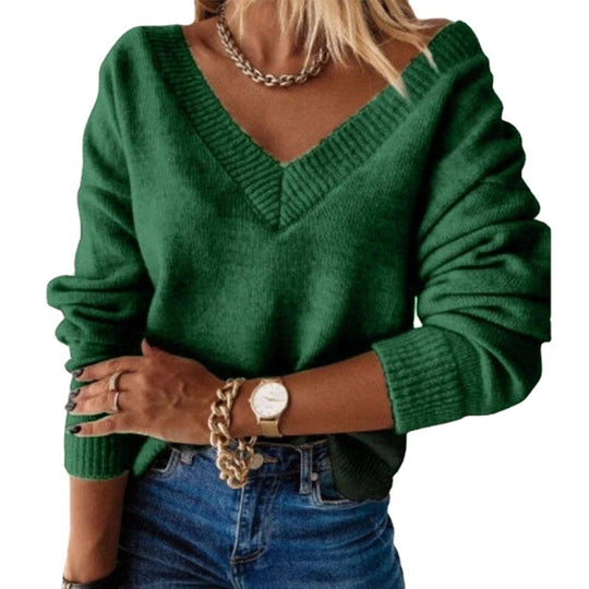 Damen lässiger V-Ausschnitt Pullover aus weichem Strick EB