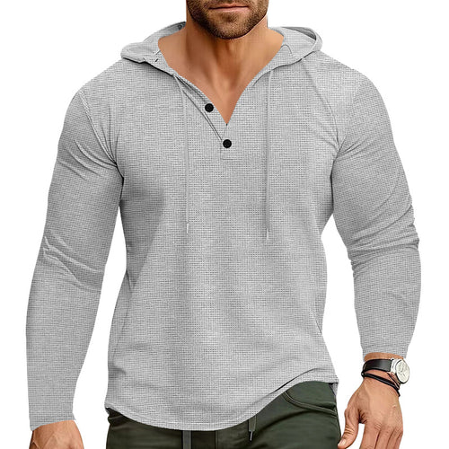 Herren nan körperbetontes Waffelstruktur-Henley-Hoodie mit halber Knopfleiste und Zugkordel EB