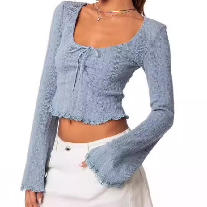 Damen Cropped Top mit Schnüroptik und Spitzenverzierungen EB