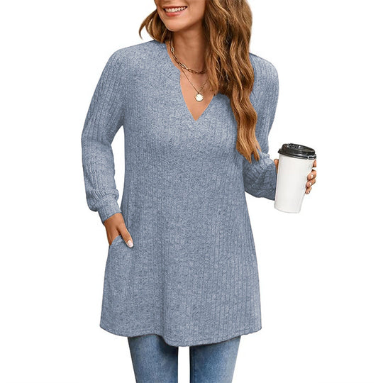Damen Strickpullover mit V-Ausschnitt und praktischen Taschen EB