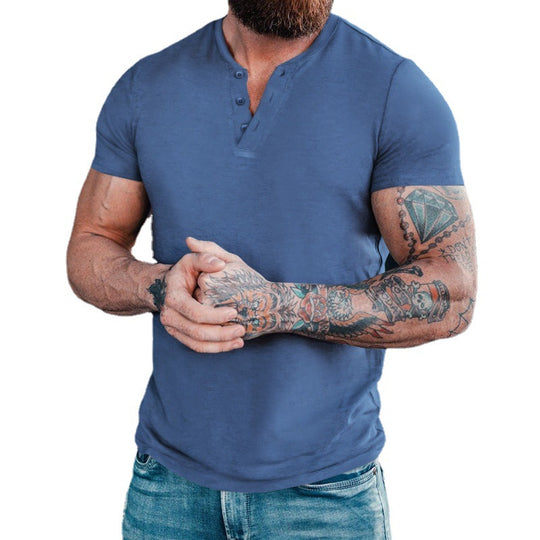 Herren Kurzarm-Henley-T-Shirt aus atmungsaktiver Baumwolle mit dekorativer Knopfleiste EB