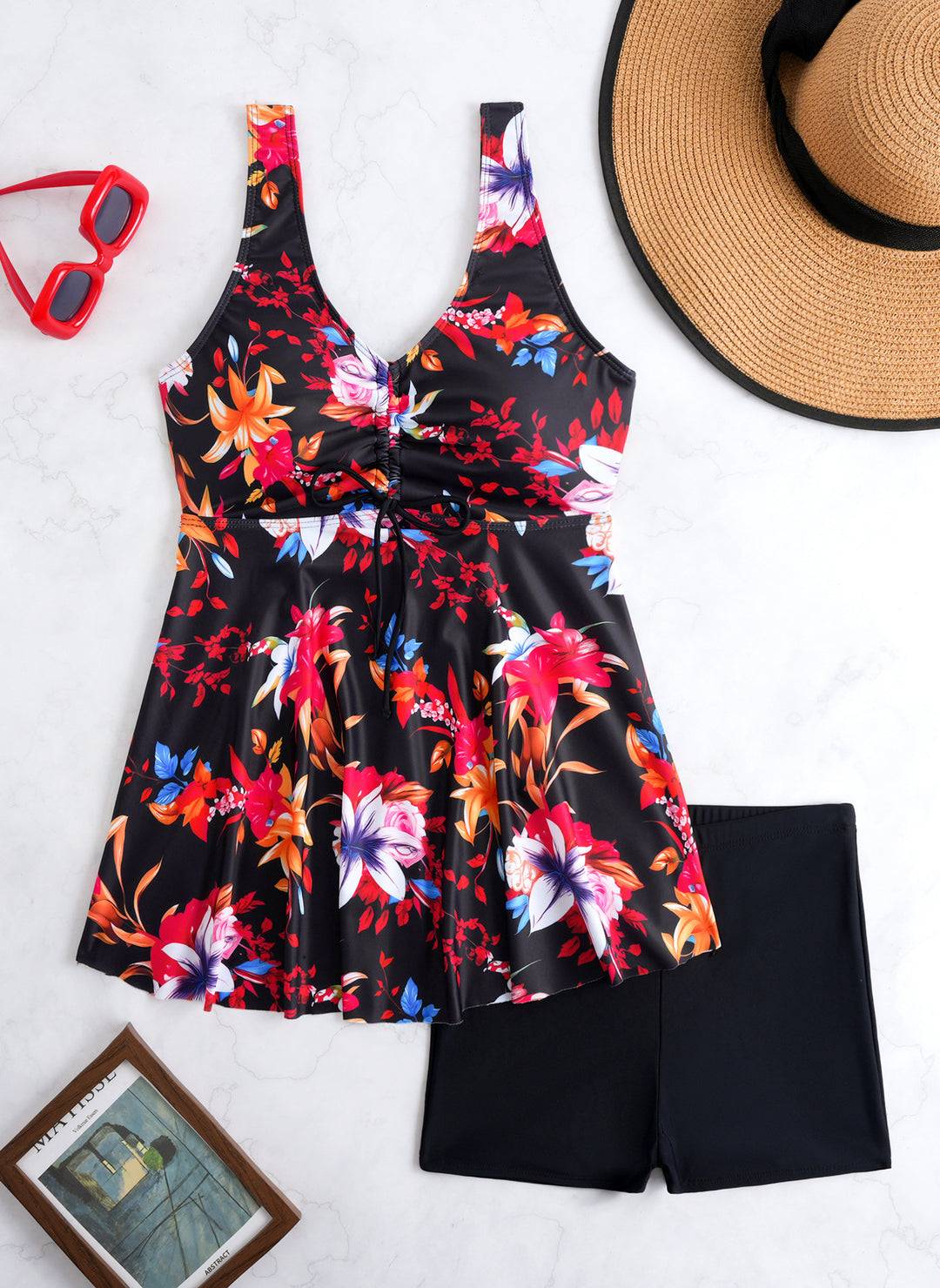 Damen Tankini-Set mit modischem Volant und grafischem Pfauenmuster EB