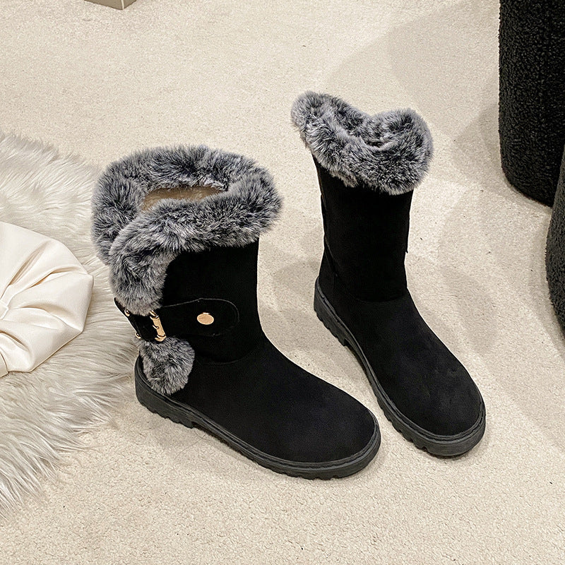 Damen Warmfutter-Stiefel mit modischem Fellkragen und eleganter Schnalle EB