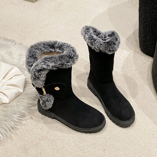 Damen Warmfutter-Stiefel mit modischem Fellkragen und eleganter Schnalle EB