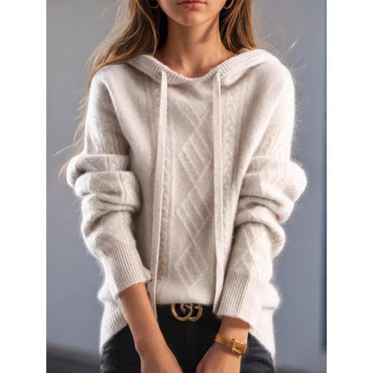 Damen nan kuscheliger Kapuzenpullover aus Kaschmirmischung mit Zopfmuster und Oversize-Schnitt EB