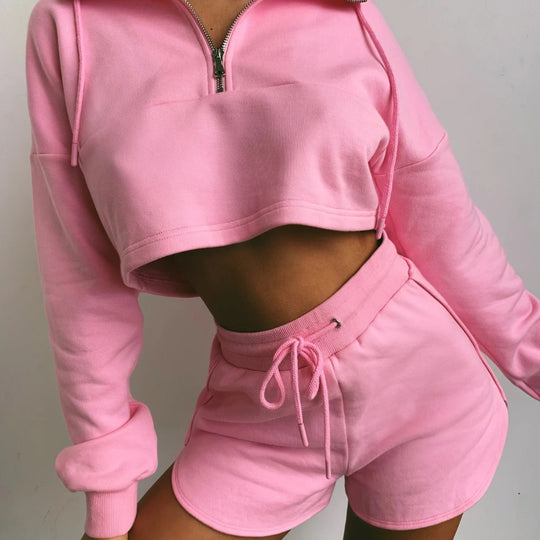 Damen nan kurz geschnittenes Kapuzenpullover-Set mit bauchfreiem Schnitt und elastischen Sweatshorts EB