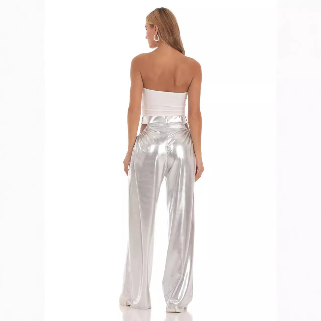 Damen High-Waist Baggy-Hose mit Cut-Out-Details und glänzendem Finish EB
