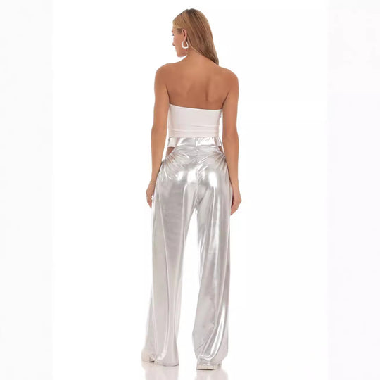 Damen High-Waist Baggy-Hose mit Cut-Out-Details und glänzendem Finish EB