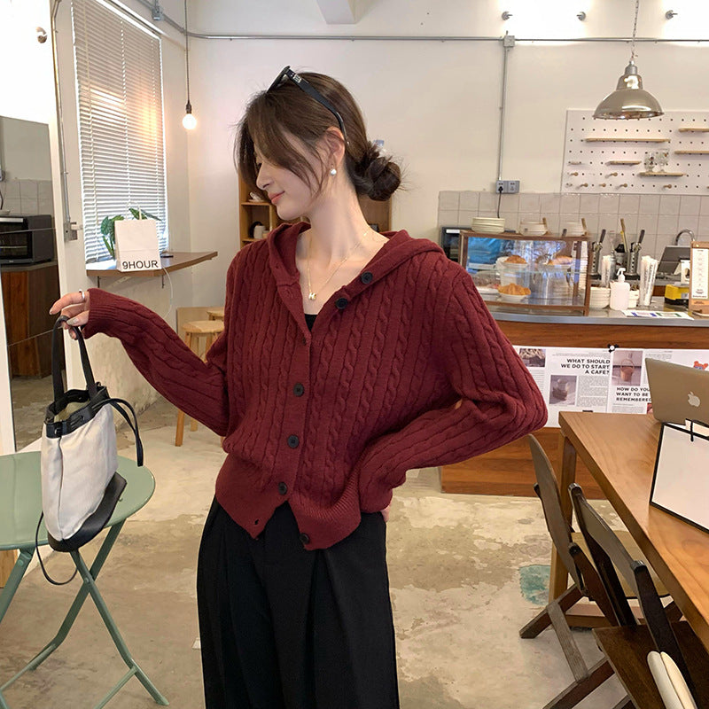 Damen Strickjacke mit Kapuze und Zopfmuster EB