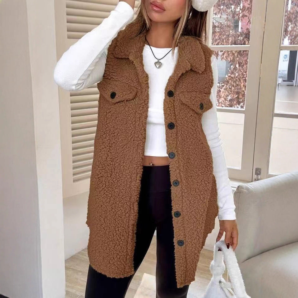 Damen Plüsch Weste mit Taschen EB
