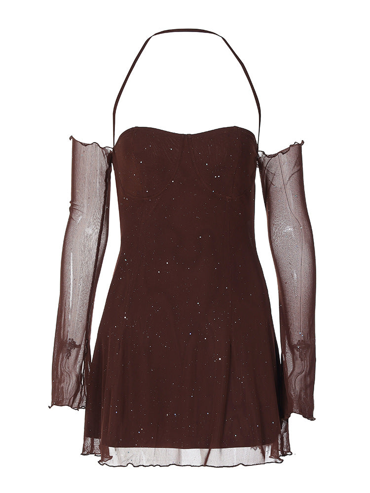 Damen Freizeitkleid mit sexy Ärmeldesign und funkelndem Element EB