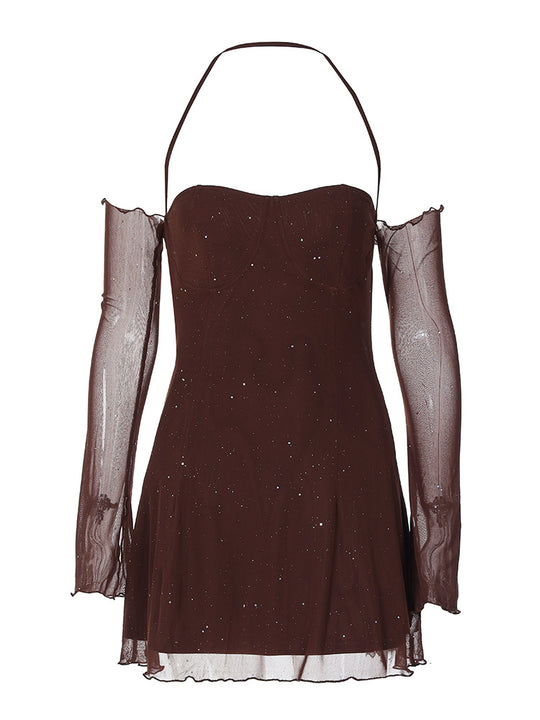 Damen Freizeitkleid mit sexy Ärmeldesign und funkelndem Element EB