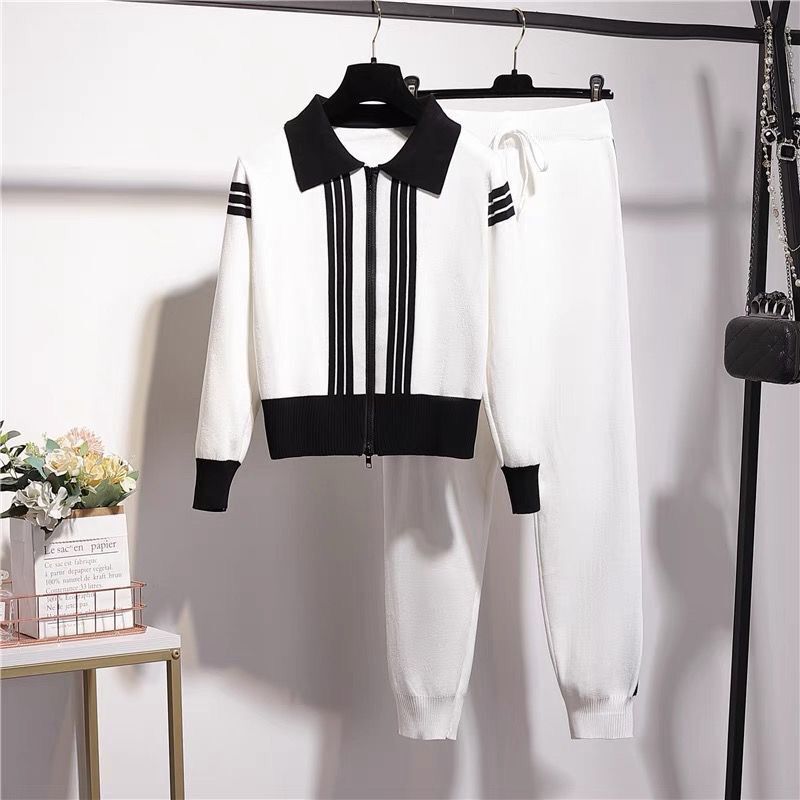 Damen modisches Strick-Loungewear-Set mit Reißverschluss und sportlichen Details EB