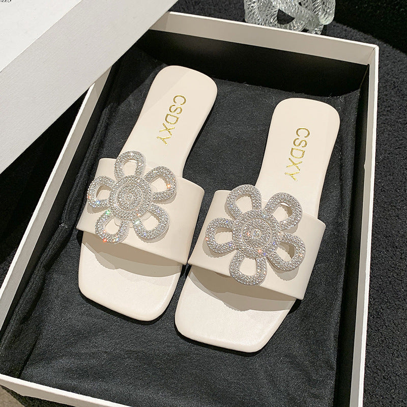 Damen modische Pantoletten mit floralen Strass-Akzenten EB