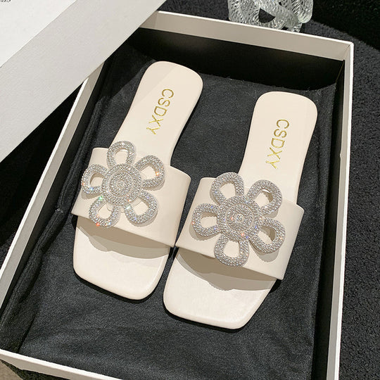 Damen modische Pantoletten mit floralen Strass-Akzenten EB