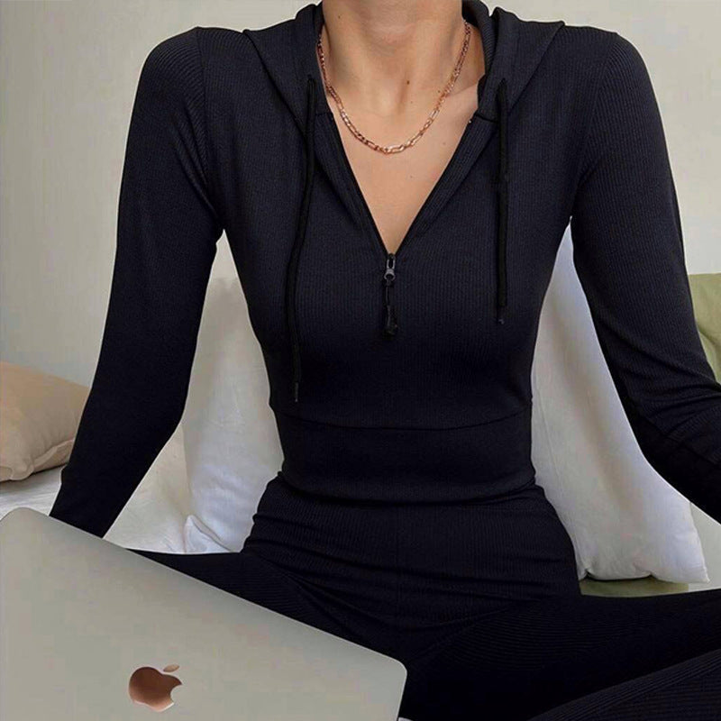 Damen geripptes Lounge-Set mit halbem Reißverschluss und hoher Taille EB