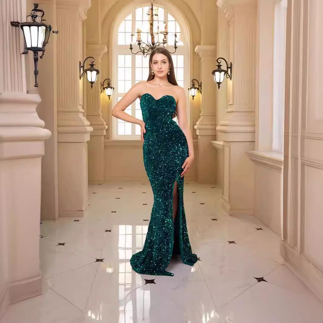Damen glamouröses Abendkleid mit schulterfreiem Design und schimmernden Pailletten EB