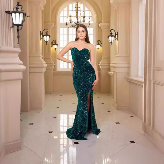 Damen glamouröses Abendkleid mit schulterfreiem Design und schimmernden Pailletten EB