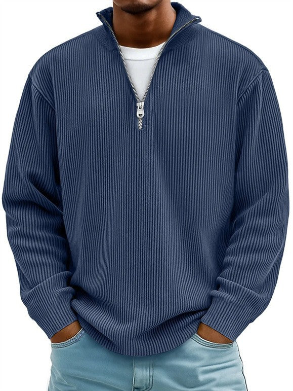 Herren nan gerippter Strickpullover mit halbem Reißverschluss und Stehkragen EB