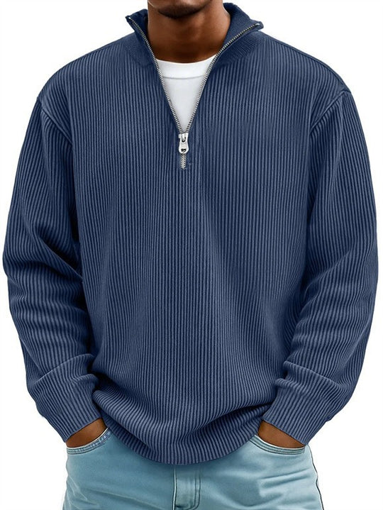Herren nan gerippter Strickpullover mit halbem Reißverschluss und Stehkragen EB